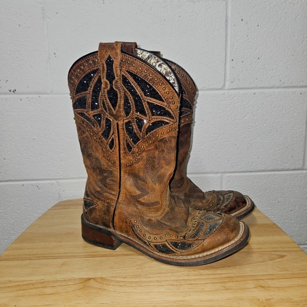 LAREDO Womens 7 M Eternity Brown Glitter Studded Square Toe Western Boots 5866